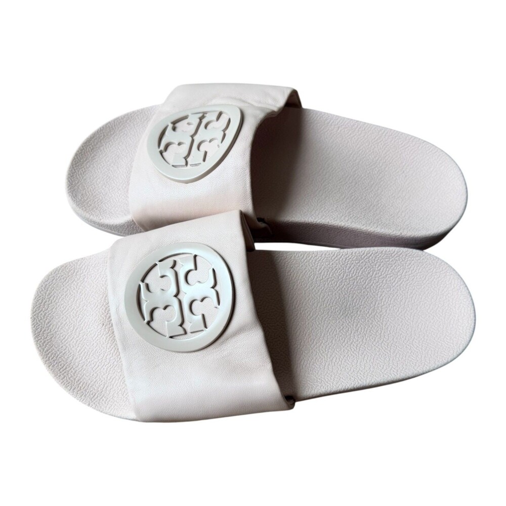 Tory Burch Ines Leather Slide Sandals Blush Pink Cream Logo Cutout Shoes Women 5